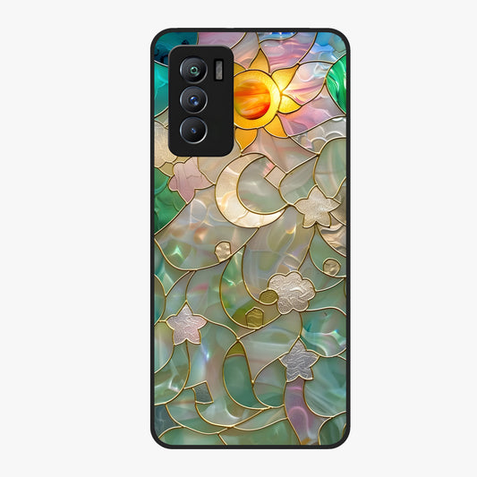 Stained Sunrise Glow Glass Case showing flat back view with glowing sunrise stained pattern artwork and glossy glass finish.
