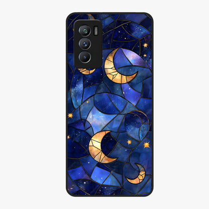 Starlit Sky Tapestry Glass Case showing flat back view with decorative starry sky tapestry artwork and glossy glass finish.