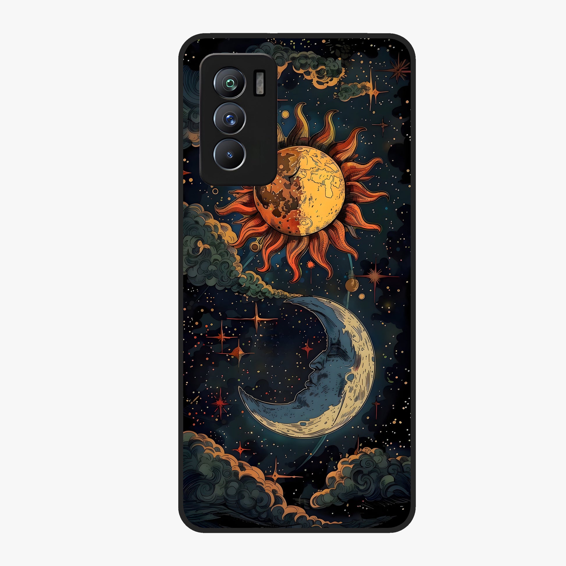 Sun And Moon Magic Design Glass Case showing flat back view with mystical sun and moon artwork and glossy glass finish.
