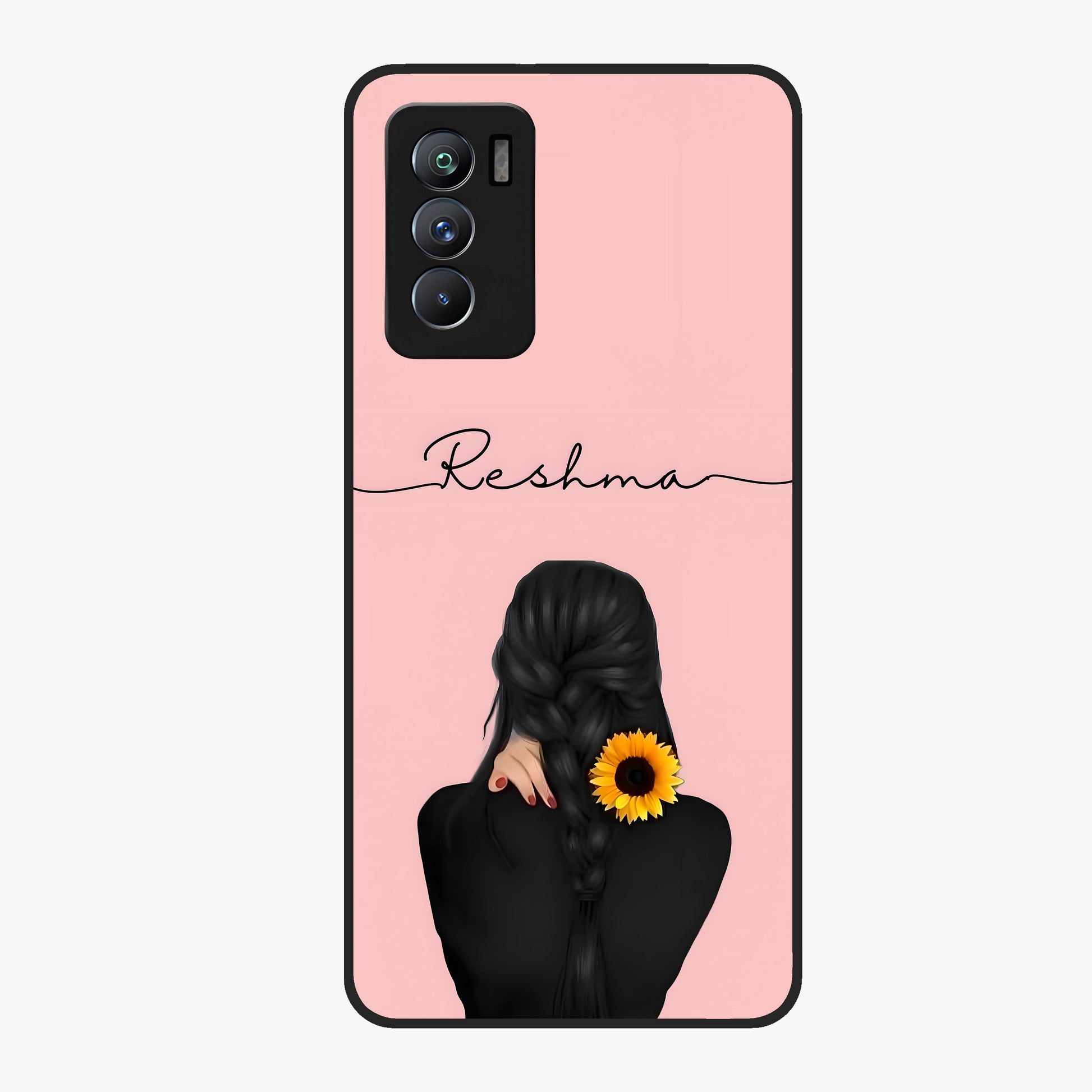 Sunflower Braid Beauty With Custom Name Glass Case showing flat back view with sunflower braid artwork and personalized name design.