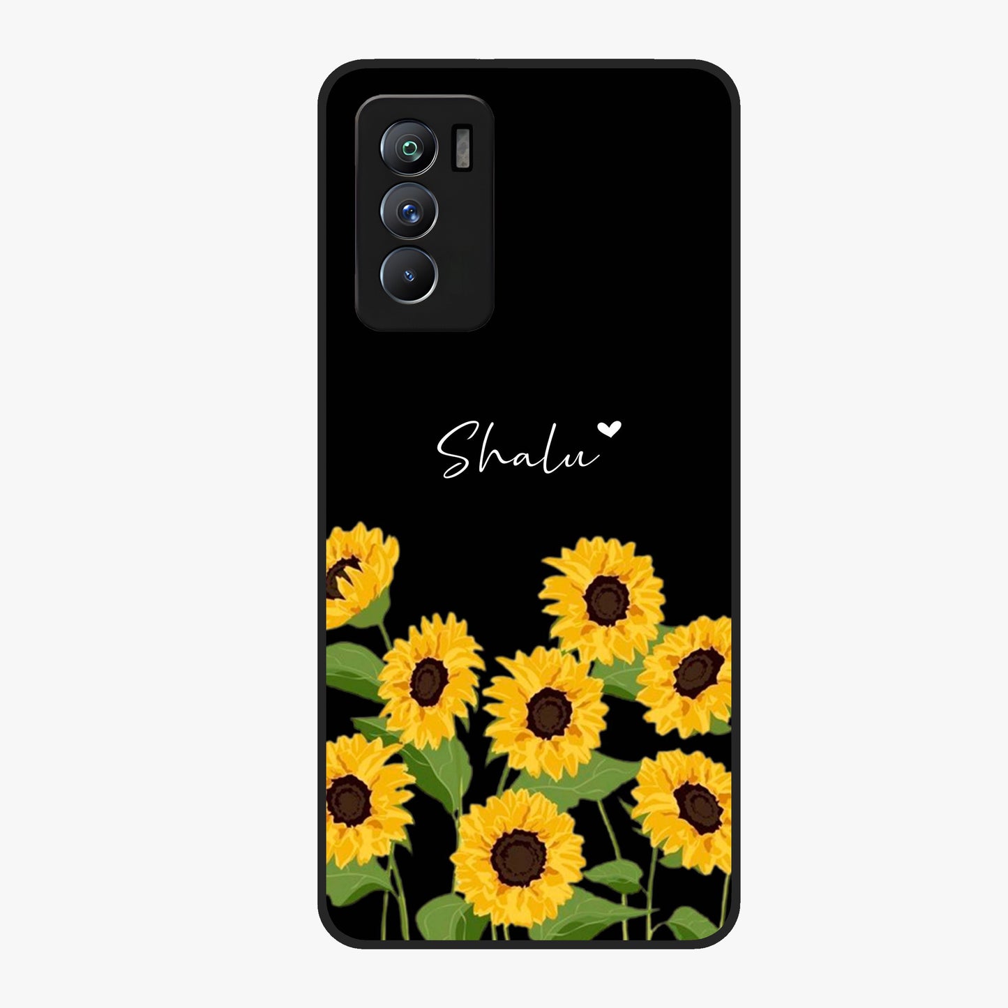 Sunflower Chic Mood Custom Name Glass Case showing flat back view with stylish sunflower artwork and personalized name design.