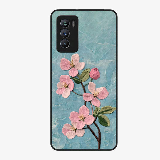 Threaded Blossom Breeze Glass Case showing flat back view with delicate blossom artwork and glossy glass finish.
