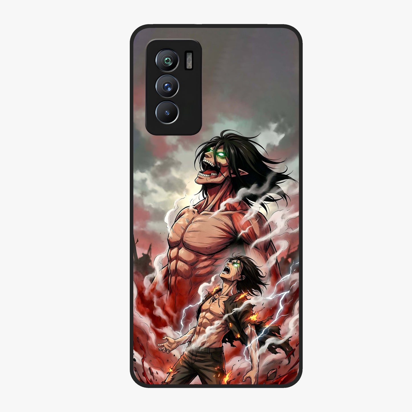 Titan Awakening Fury Glass Case showing flat back view with powerful titan inspired artwork and glossy glass finish.