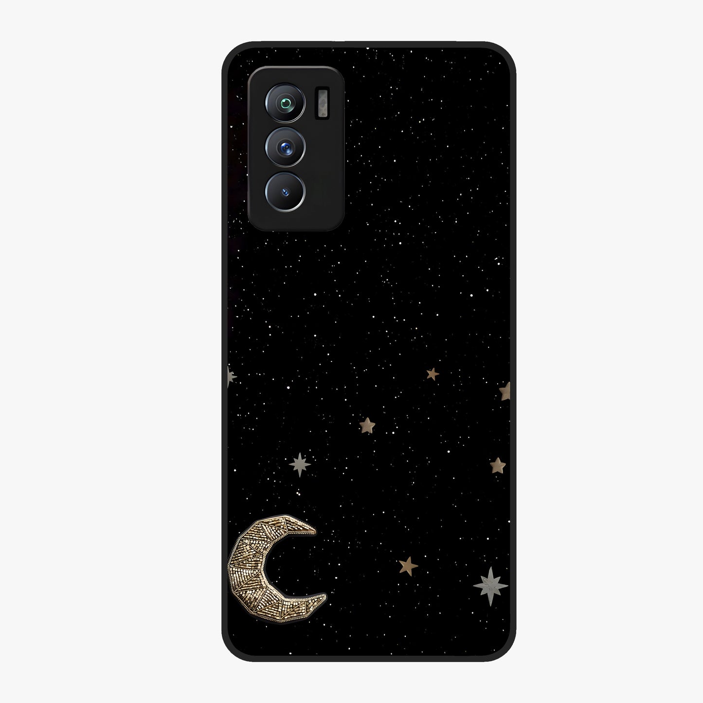 Twinkle Star With Half Moon Glass Case showing flat back view with star and half moon artwork and glossy glass finish.