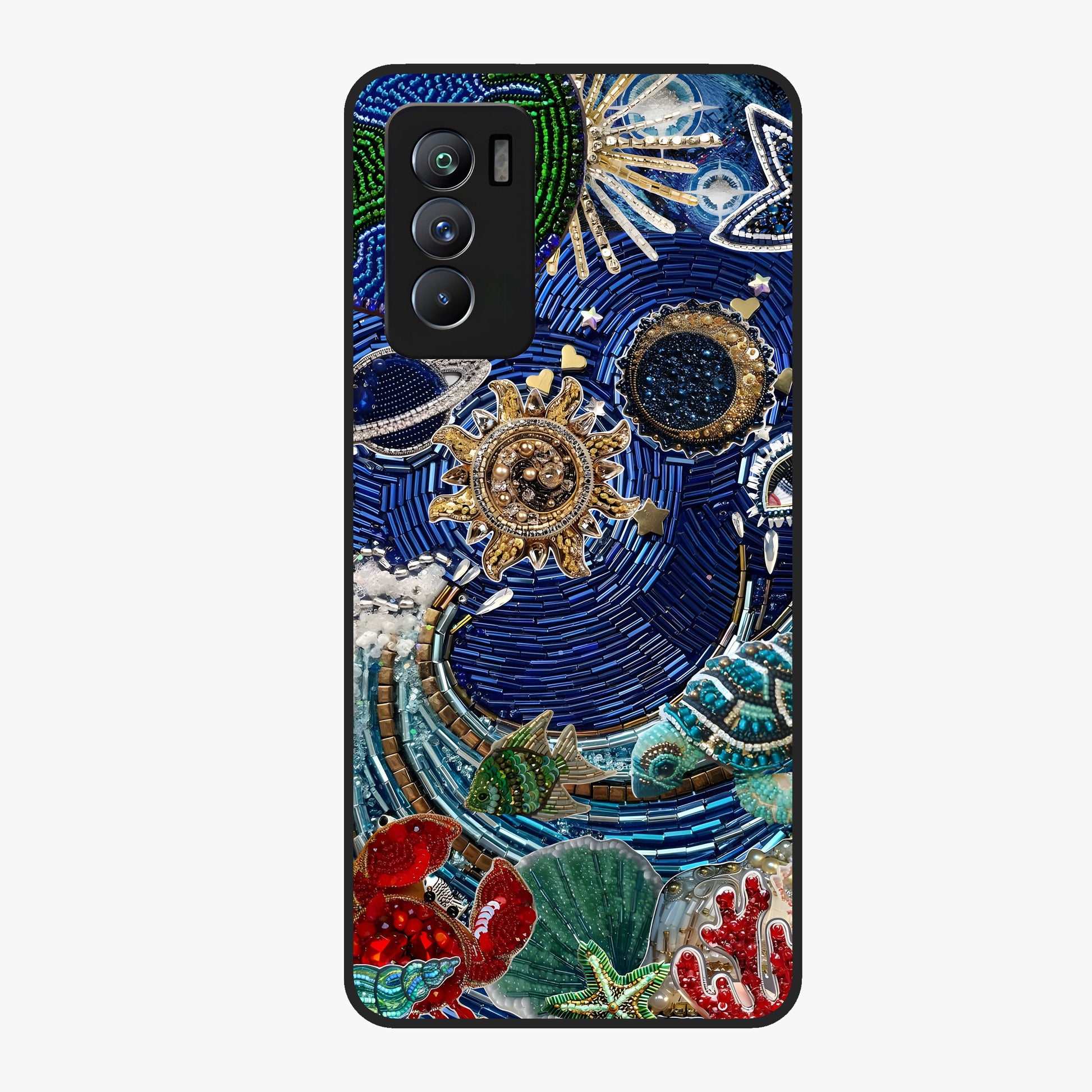 Universe Underwater Spark Glass Case showing flat back view with cosmic underwater themed artwork and glossy glass finish.