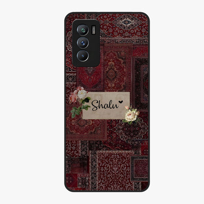 Velvet Wine Pattern Custom Name Glass Case showing flat back view with elegant wine colored pattern artwork and personalized name design.