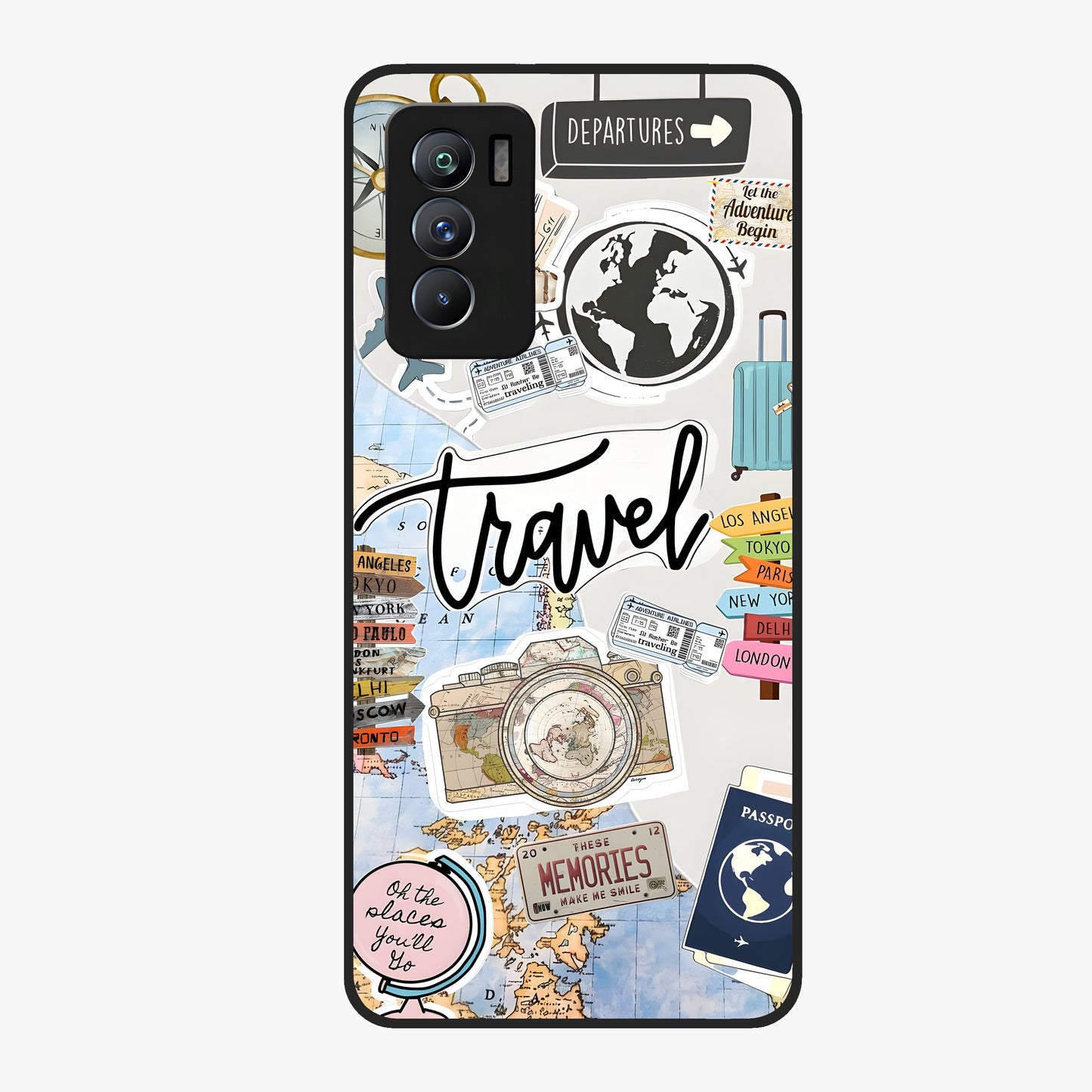 Wanderlust Journal Glass Case showing flat back view with travel inspired artwork and glossy glass finish.