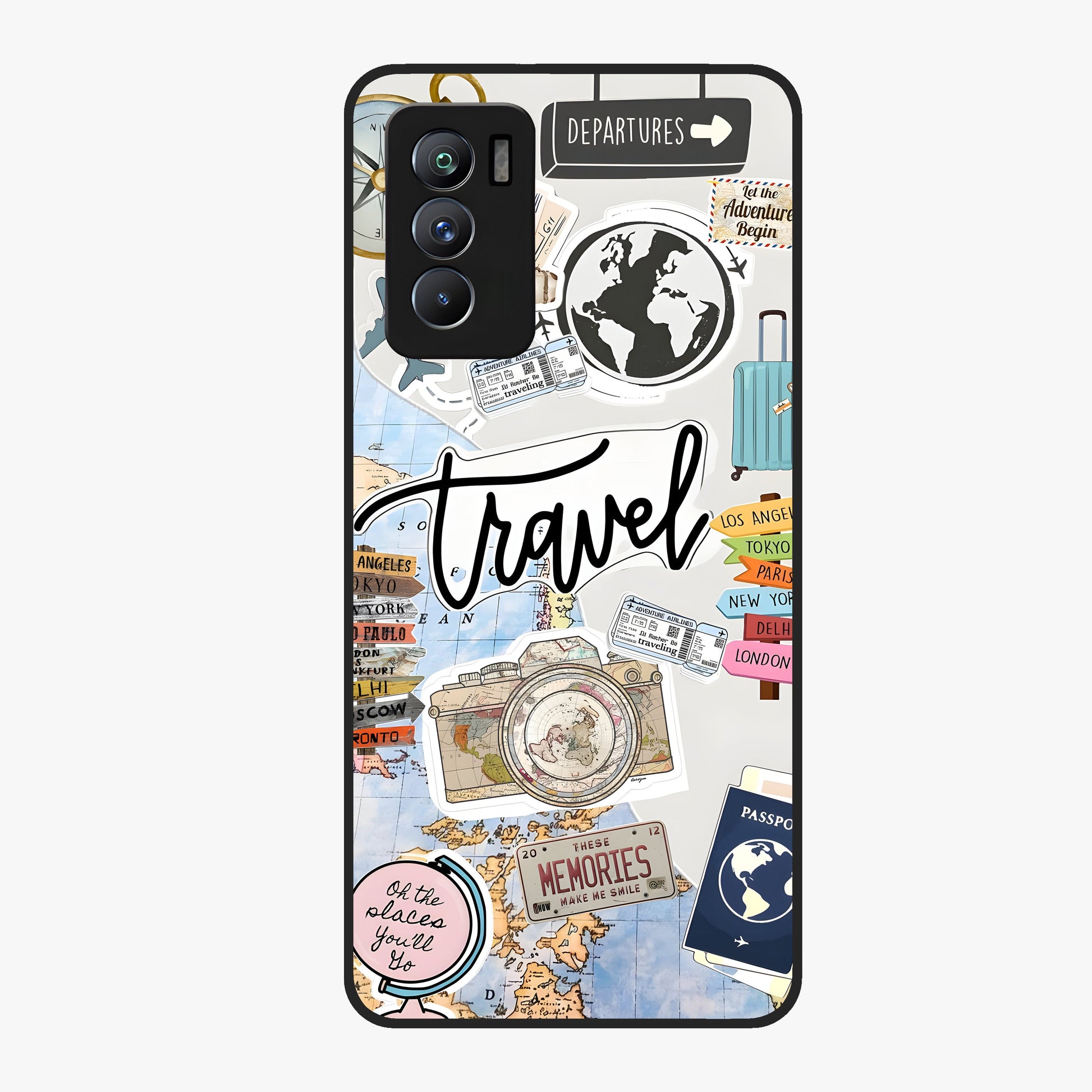 Wanderlust Journal Glass Case showing flat back view with travel inspired artwork and glossy glass finish.