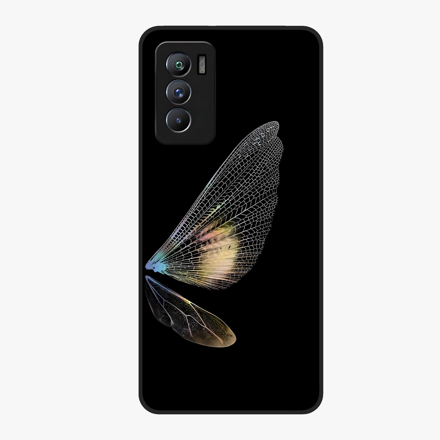 Whispers Of Wings Glass Case showing flat back view with graceful wing inspired artwork and glossy glass finish.