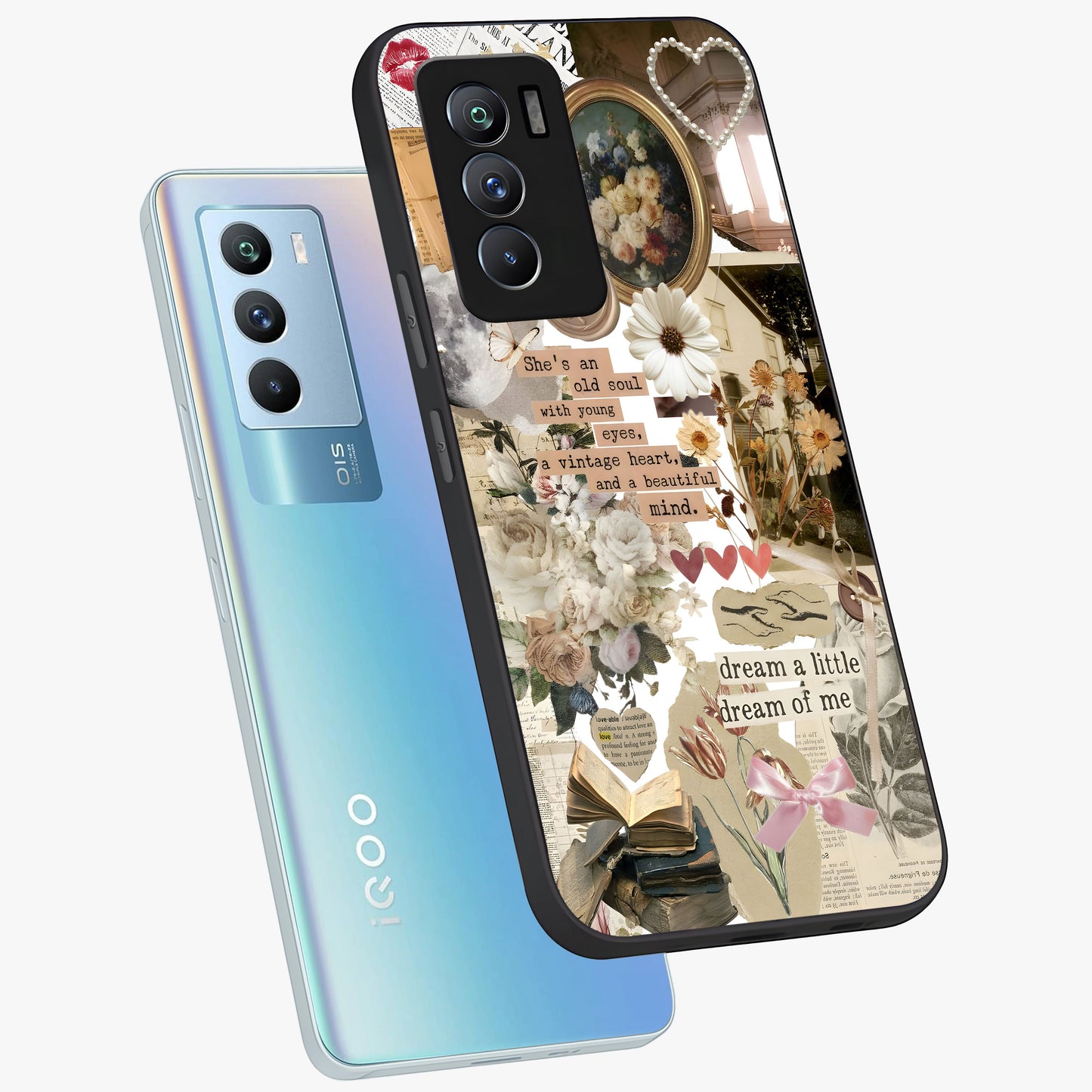 Aesthetic Brown Vintage Collage Glass Case displayed in angled mockup highlighting vintage aesthetic collage design.
