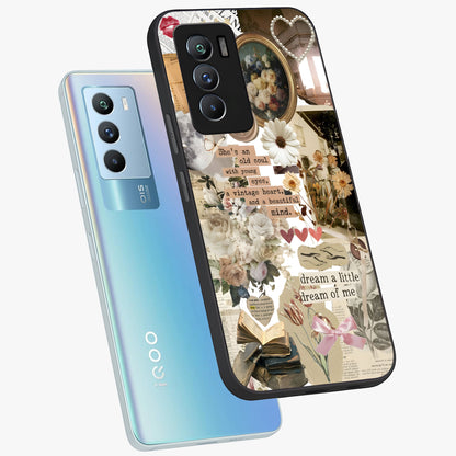 Aesthetic Brown Vintage Collage Glass Case displayed in angled mockup highlighting vintage aesthetic collage design.