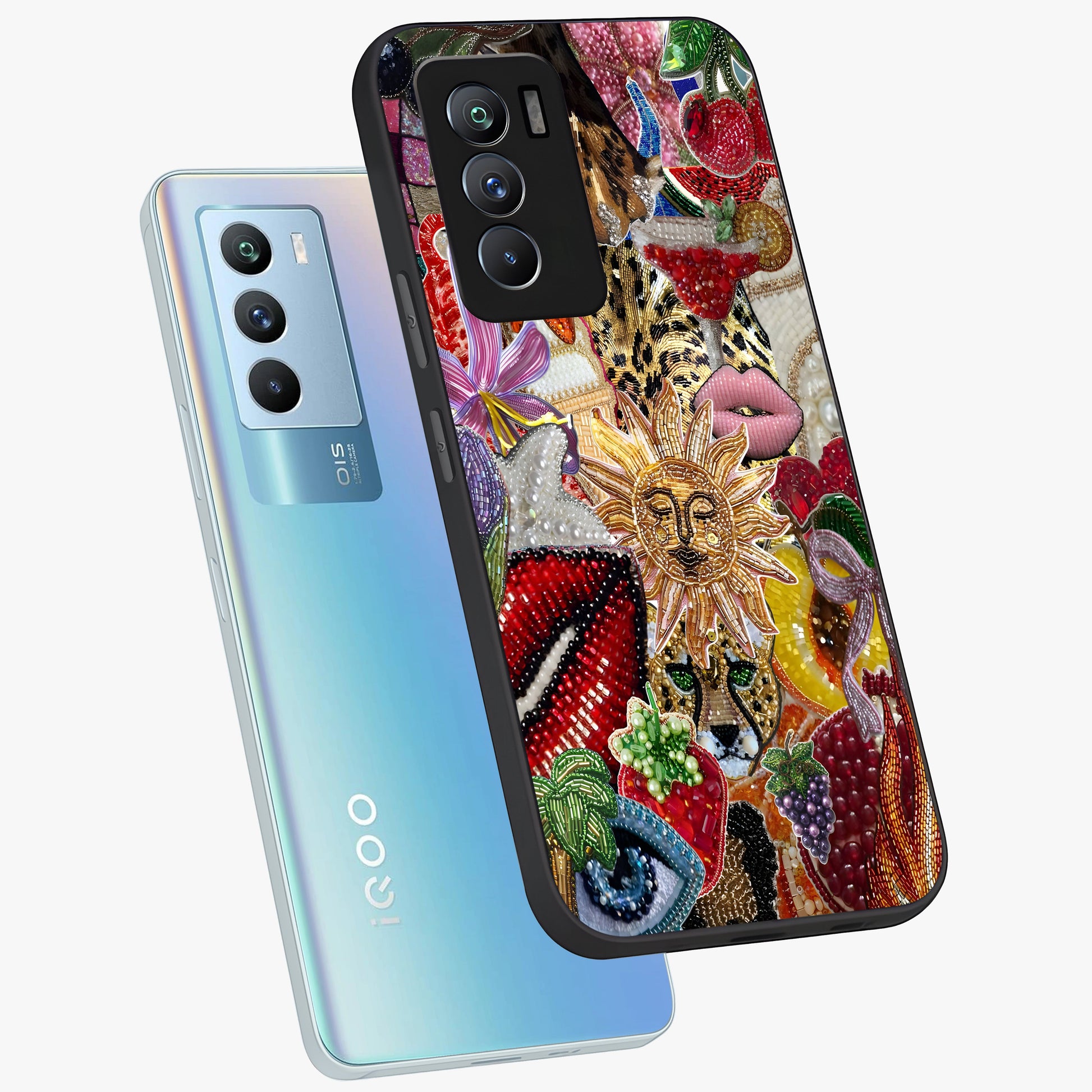 Beaded Fashion Jungle Glass Case displayed in angled mockup highlighting colorful fashion bead design and artistic pattern.