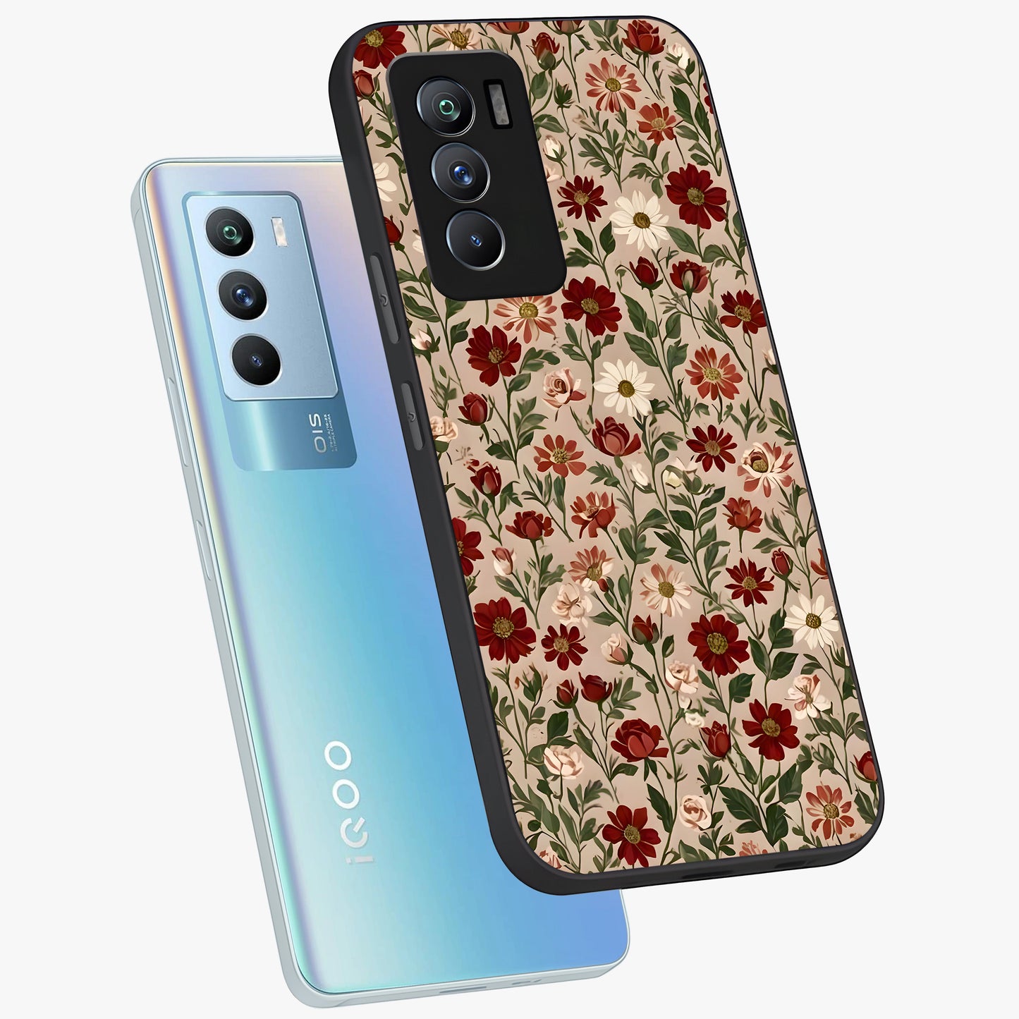 Biege Flower With Leaf Glass Case displayed in angled mockup highlighting minimal floral leaf design and elegant aesthetic.