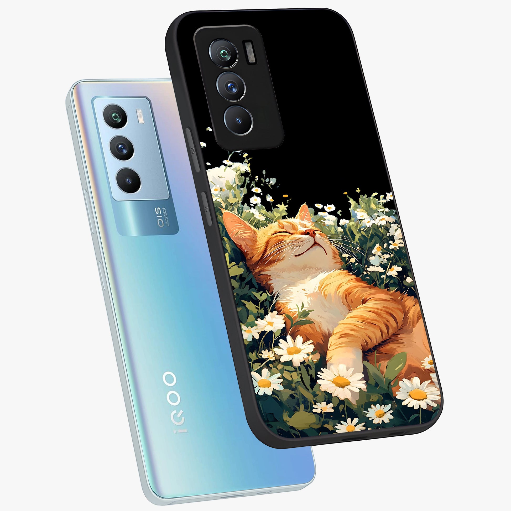 Blissful Bloom Cat Glass Case displayed in angled mockup highlighting playful feline illustration with soft floral aesthetic.