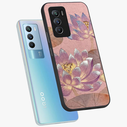 Blossom Mist Lotus Glass Case displayed in angled mockup highlighting delicate lotus illustration with calm aesthetic theme.