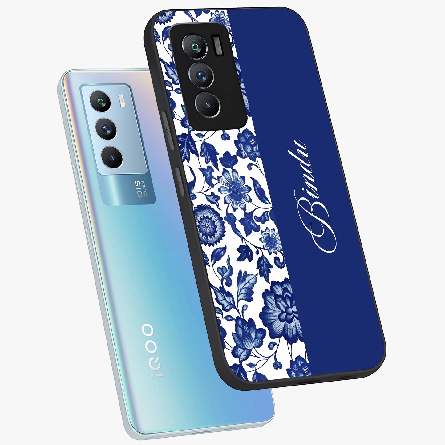 Blue Vintage Floral Pattern Glass Case displayed in angled mockup highlighting subtle bloom pattern with aesthetic pastel design.