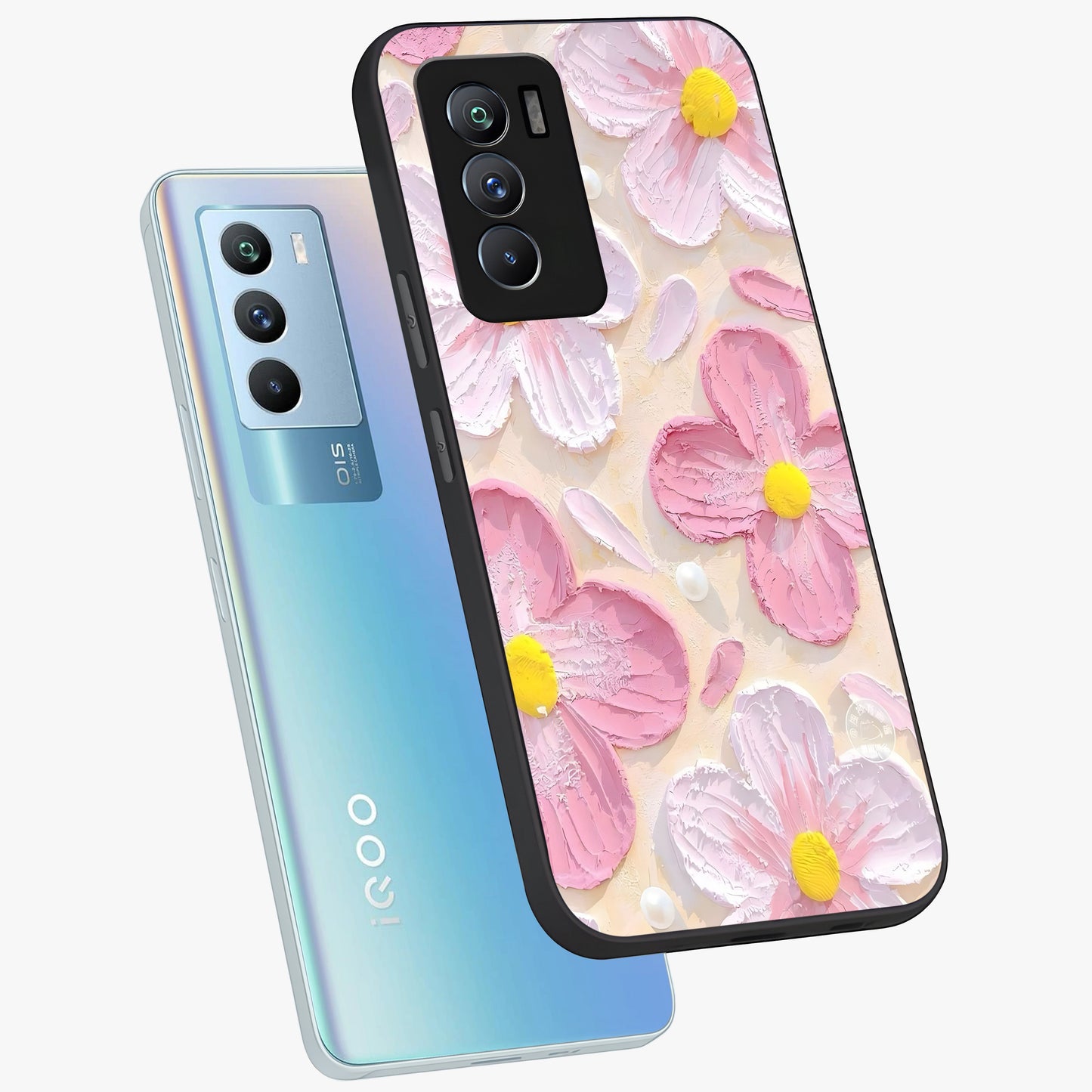 Blush Bloom Texture Glass Case displayed in angled mockup highlighting subtle bloom pattern with aesthetic pastel design.