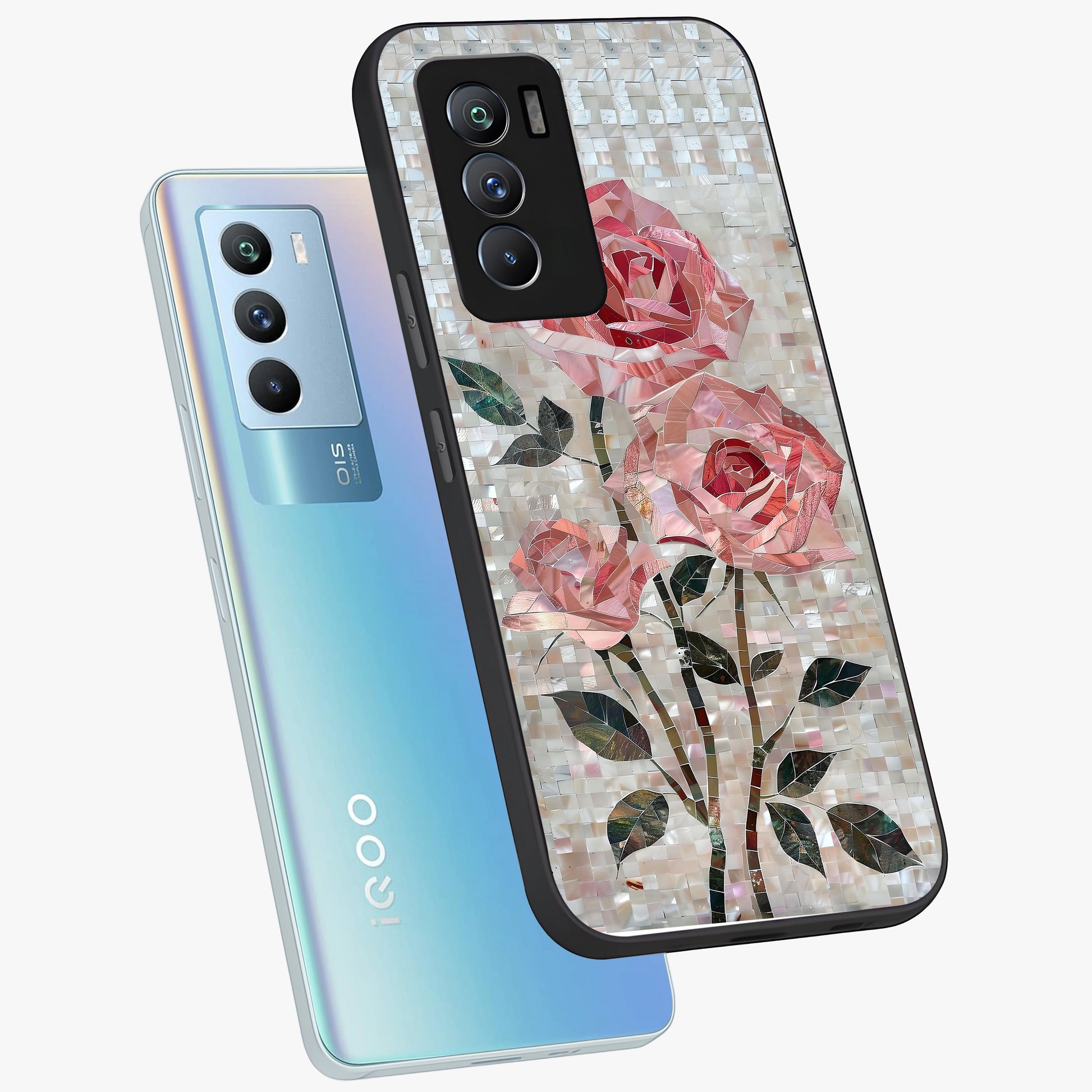 Blush Mosaic Bloom Glass Case displayed in angled mockup highlighting artistic mosaic flower pattern with aesthetic design.