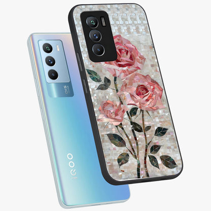 Blush Mosaic Bloom Glass Case displayed in angled mockup highlighting artistic mosaic flower pattern with aesthetic design.