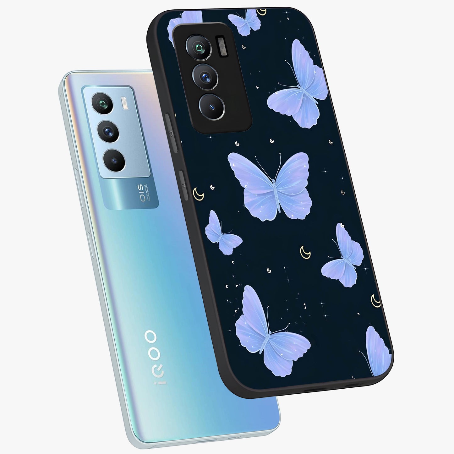 Butterfly With Stars Pattern Glass Case displayed in angled mockup highlighting dreamy butterfly and star design with aesthetic theme.