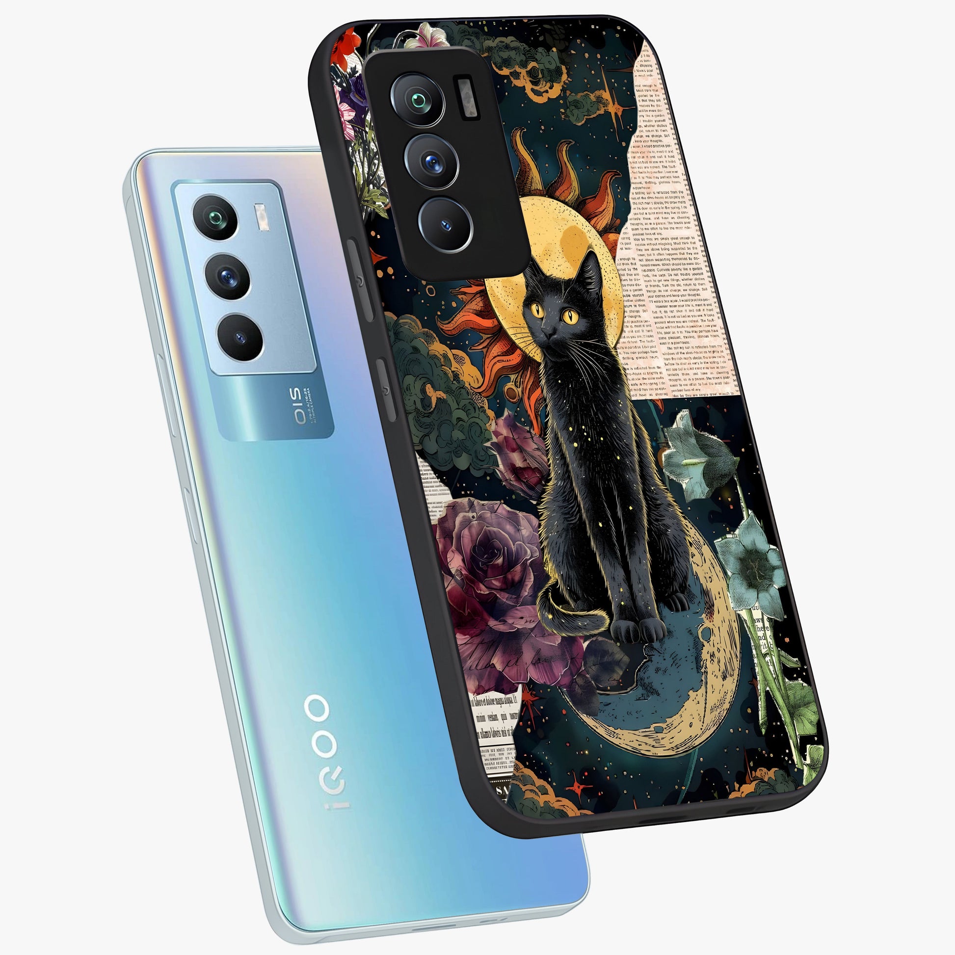 Celestial Black Cat Glass Case displayed in angled mockup highlighting cosmic black cat design with celestial aesthetic.