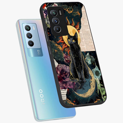 Celestial Black Cat Glass Case displayed in angled mockup highlighting cosmic black cat design with celestial aesthetic.