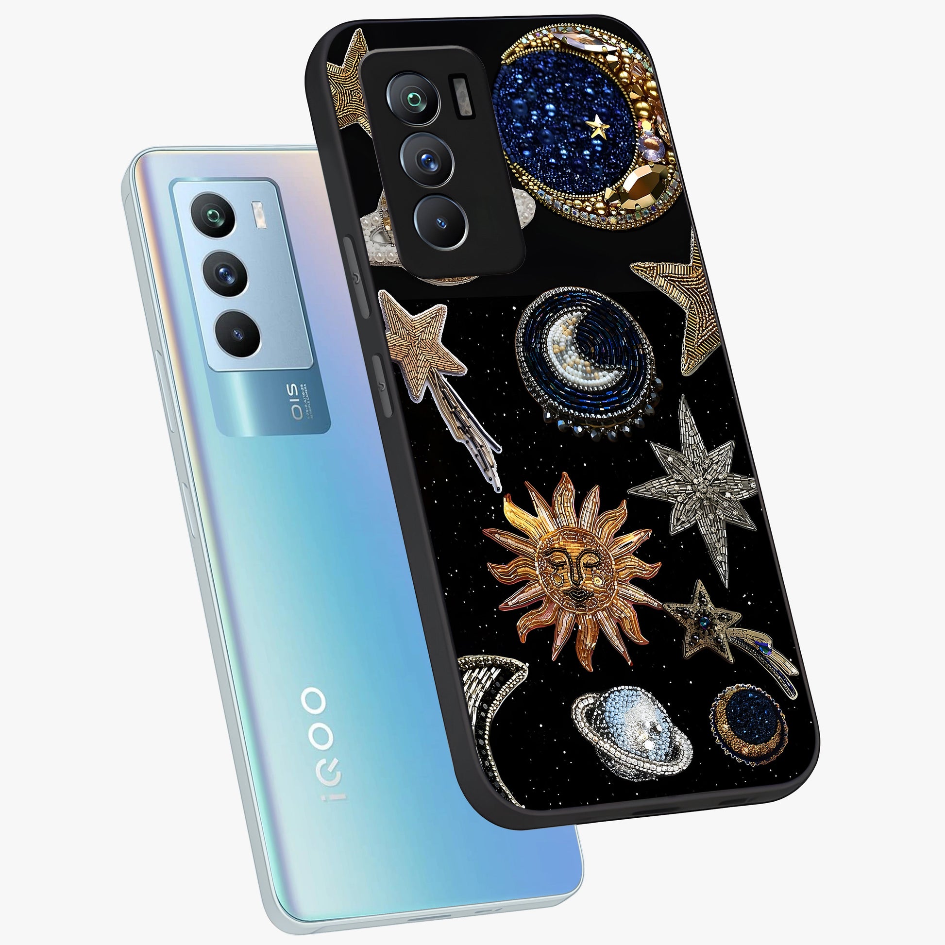 Celestial Gem Constellations Glass Case displayed in angled mockup highlighting gemstone inspired constellation design.