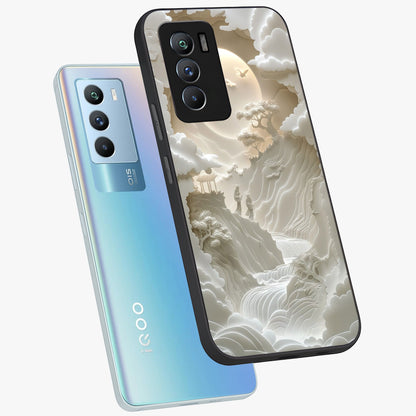 Celestial Origami Glass Case displayed in angled mockup highlighting geometric origami design with cosmic aesthetic theme.