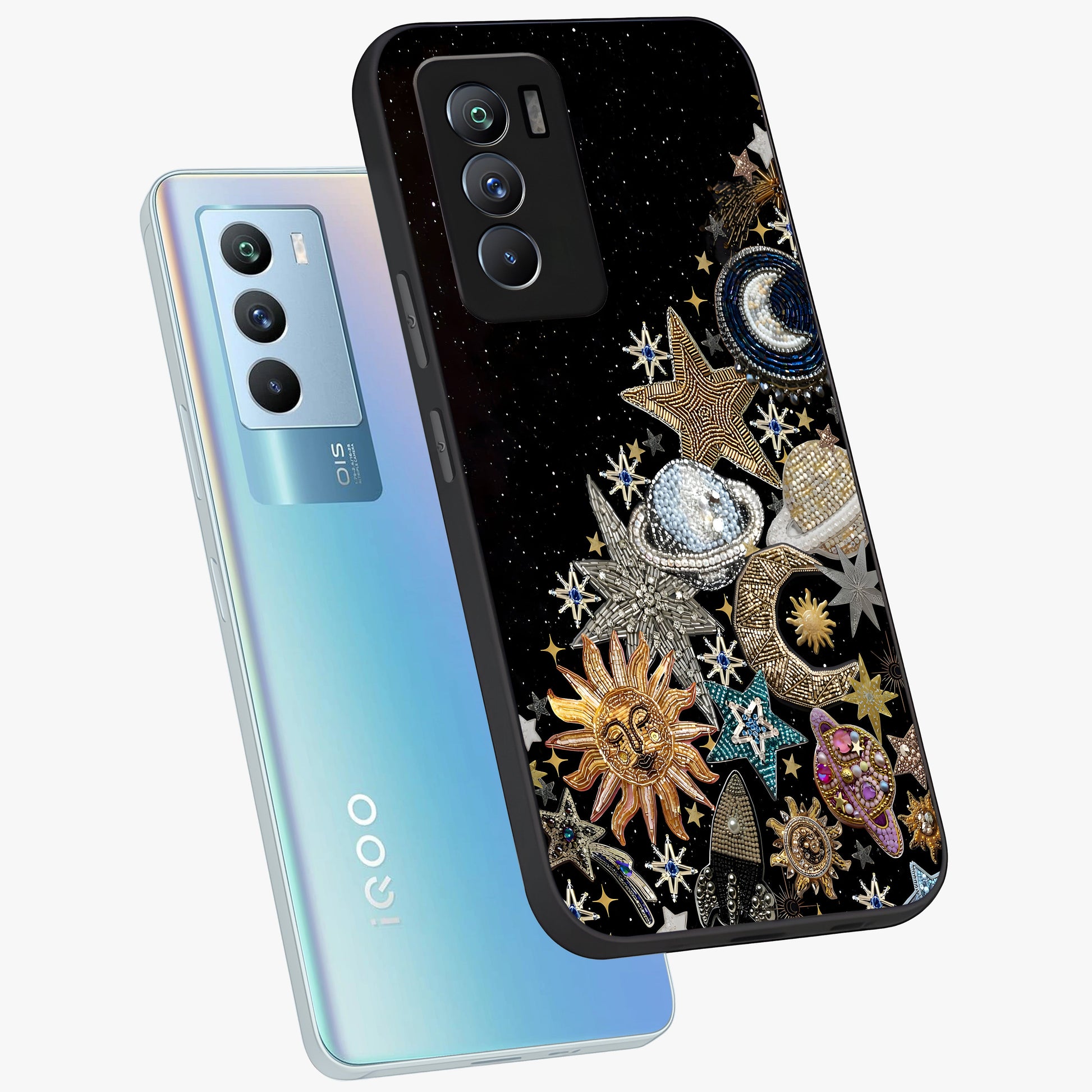 Cosmic Sparkle Dreams Glass Case displayed in angled mockup highlighting dreamy star sparkle design with celestial aesthetic.