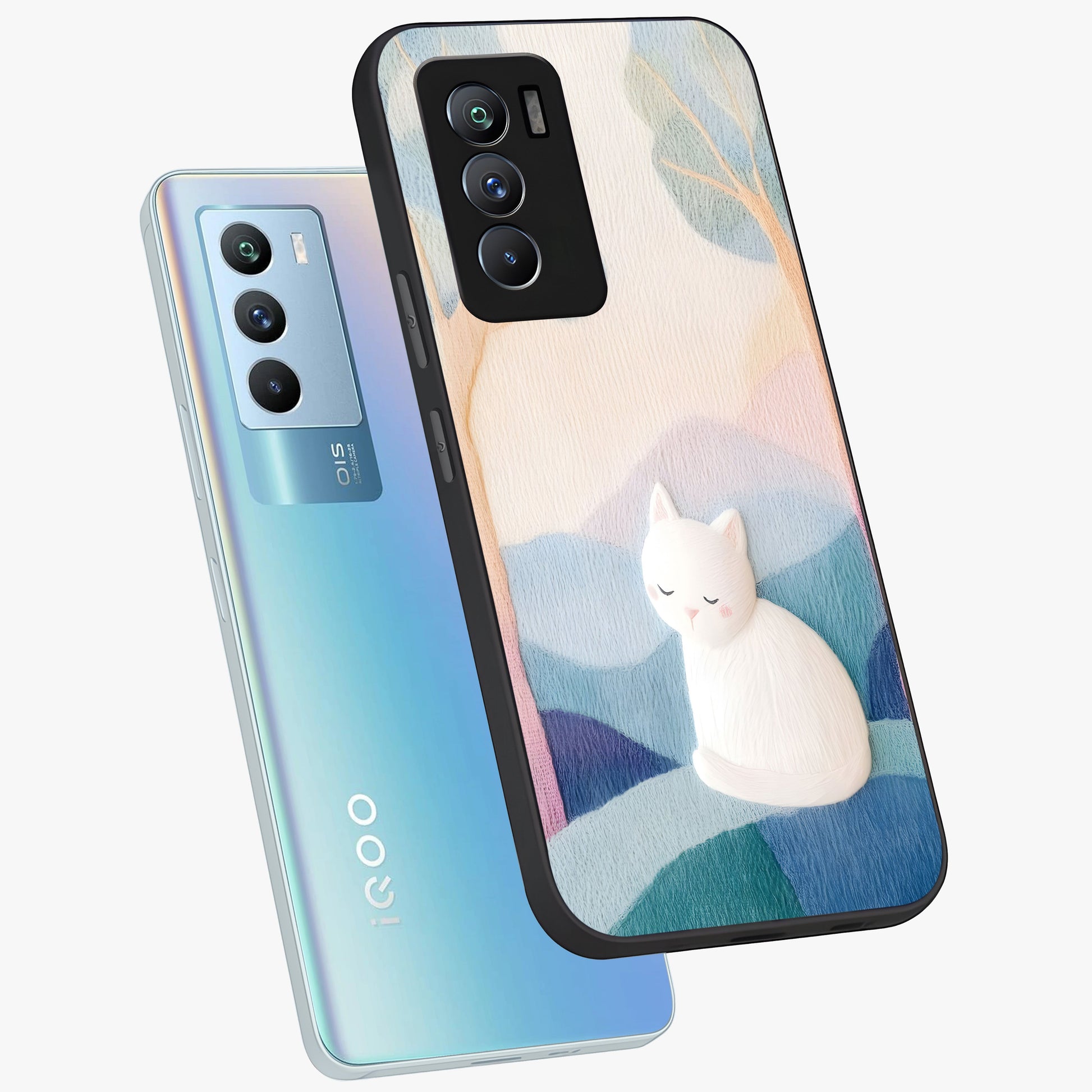Cotton Dream Cat Glass Case displayed in angled mockup highlighting cute feline illustration with pastel aesthetic style.