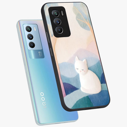 Cotton Dream Cat Glass Case displayed in angled mockup highlighting cute feline illustration with pastel aesthetic style.