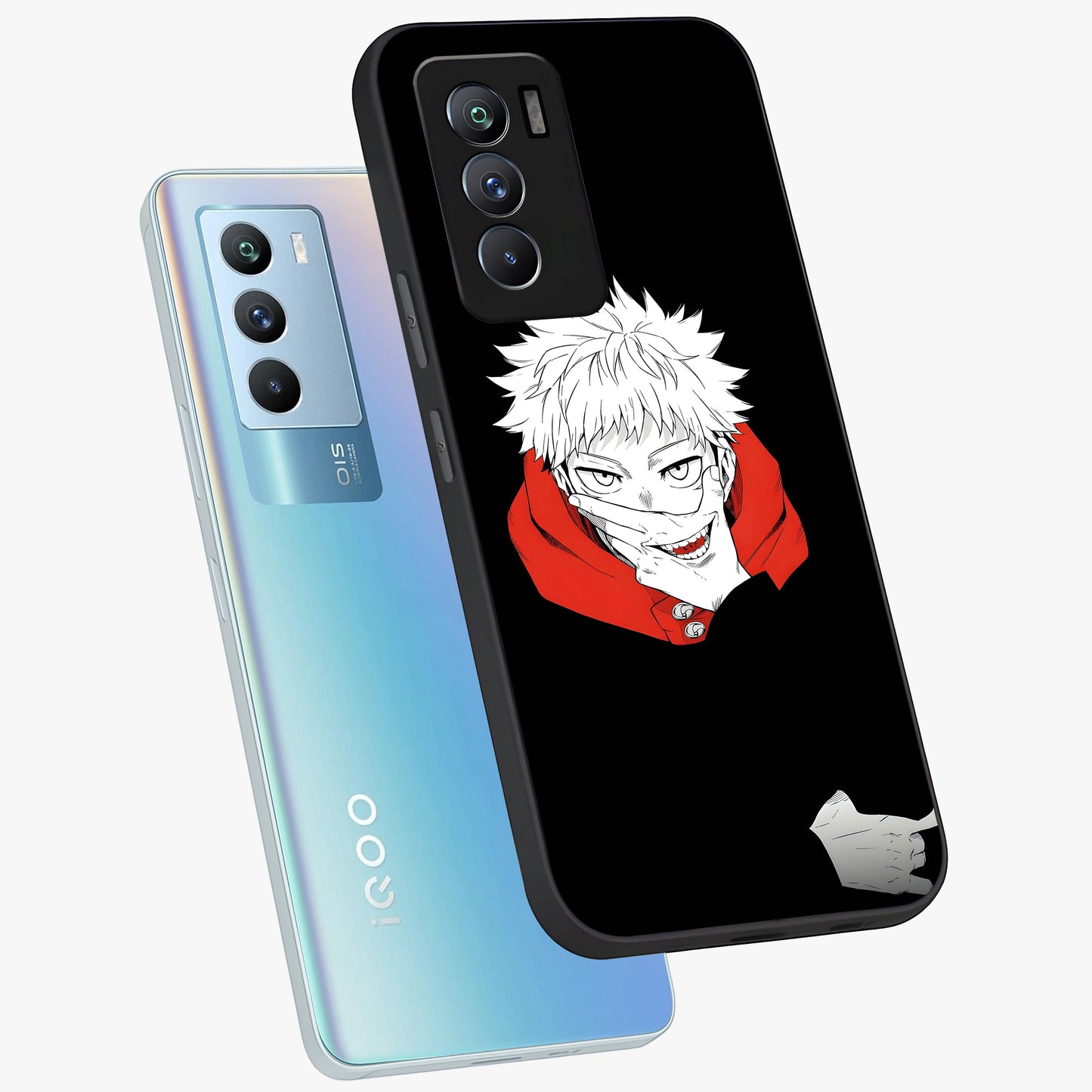 Crimson Chaos Smile Glass Case displayed in angled mockup highlighting edgy crimson smile design with graphic aesthetic.