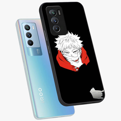 Crimson Chaos Smile Glass Case displayed in angled mockup highlighting edgy crimson smile design with graphic aesthetic.