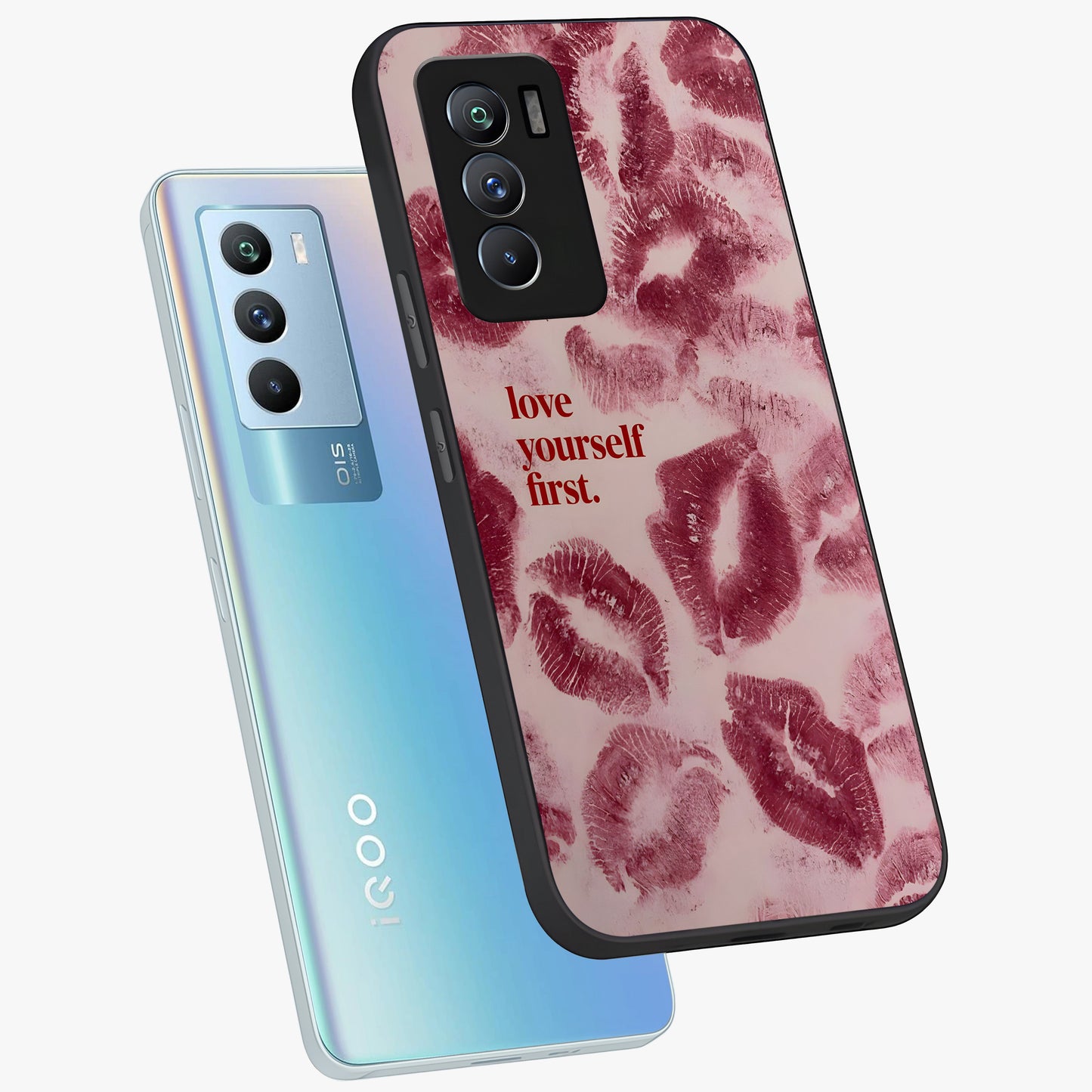 Crimson Kiss Love Glass Case displayed in angled mockup highlighting bold love inspired design with modern aesthetic style.