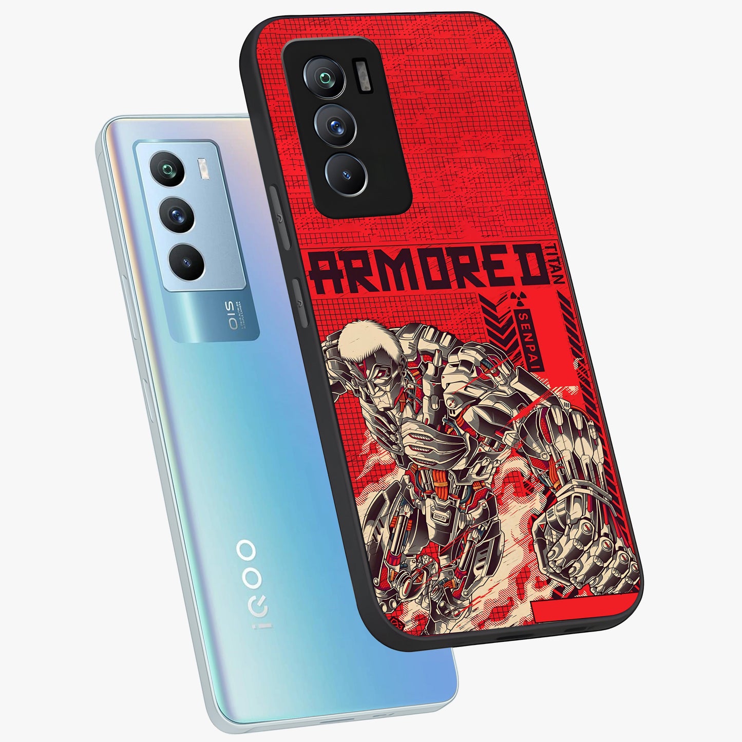 Crimson Mecha Titan Glass Case displayed in angled mockup highlighting futuristic mech illustration with bold crimson aesthetic.