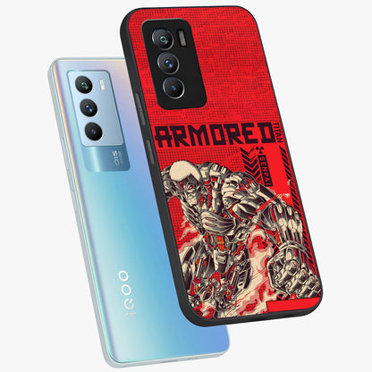 Crimson Mecha Titan Glass Case displayed in angled mockup highlighting futuristic mech illustration with bold crimson aesthetic.