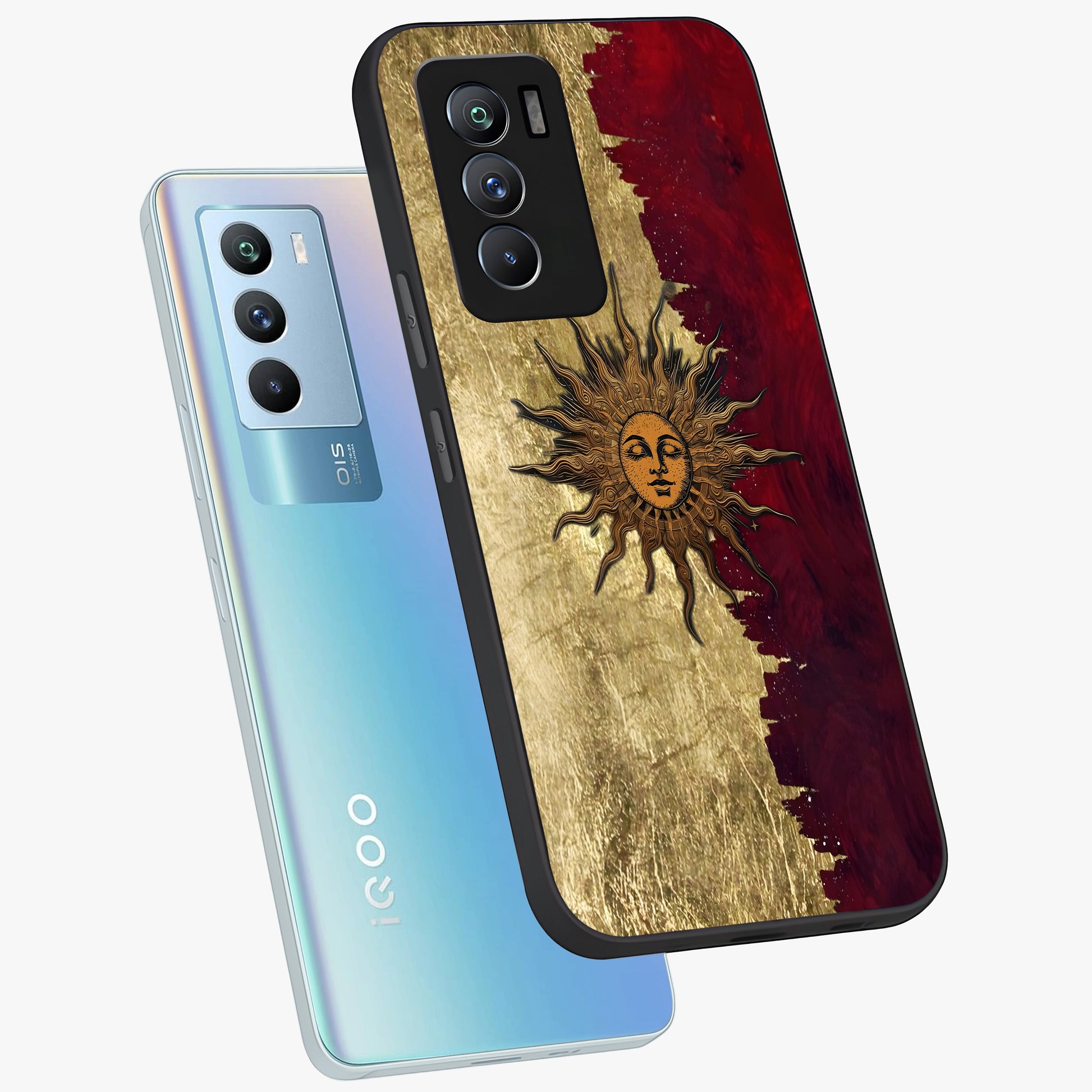 Crimson Sun Majesty Glass Case displayed in angled mockup highlighting majestic crimson sun design with bold aesthetic style.