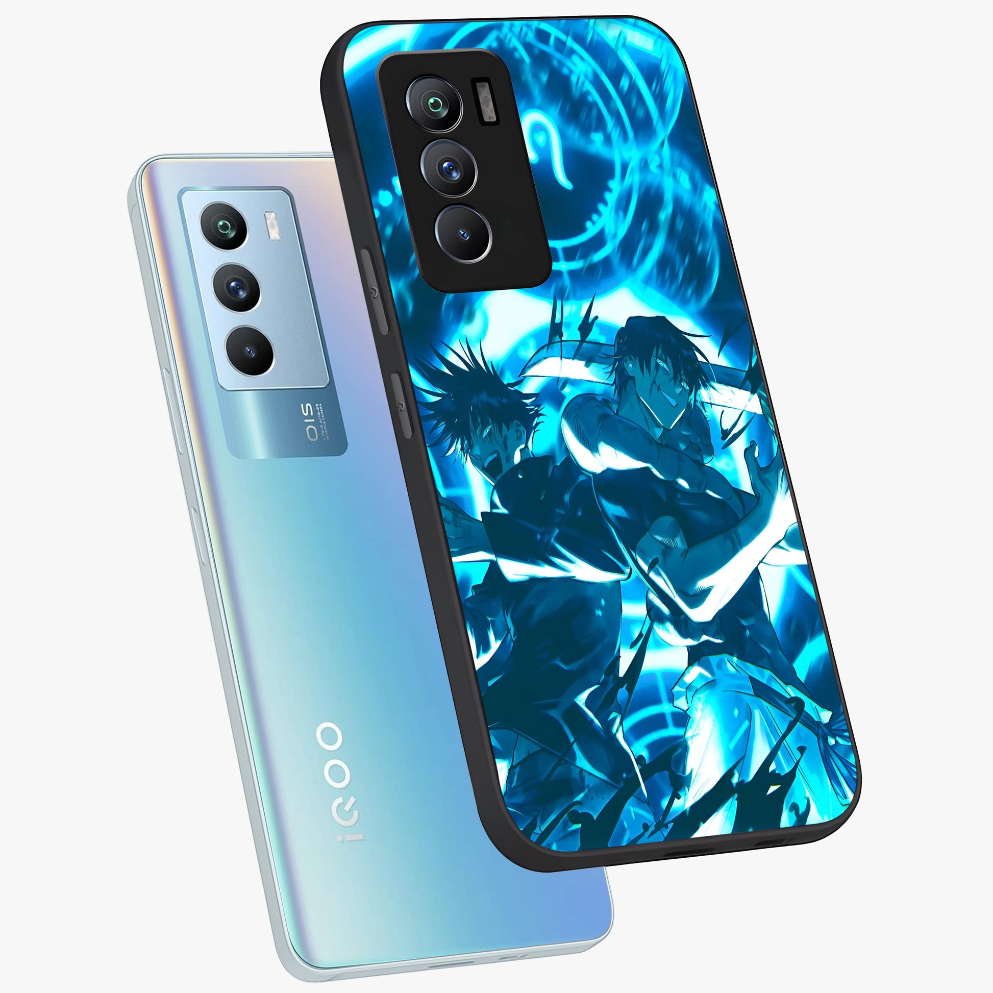 Cursed Energy Clash Glass Case displayed in angled mockup highlighting powerful battle inspired graphic with anime style aesthetic.