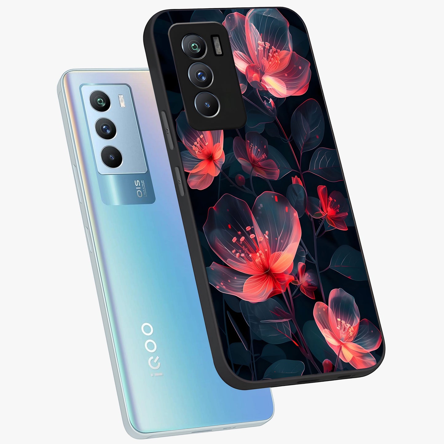 Dark Shade of Flower Glass Case displayed in angled mockup highlighting moody floral illustration with aesthetic dark tones.
