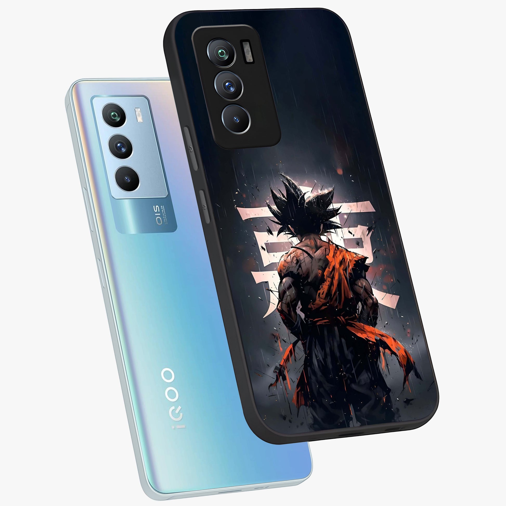 Dark Warrior In Rain Glass Case displayed in angled mockup highlighting dramatic warrior illustration with dark rain aesthetic.
