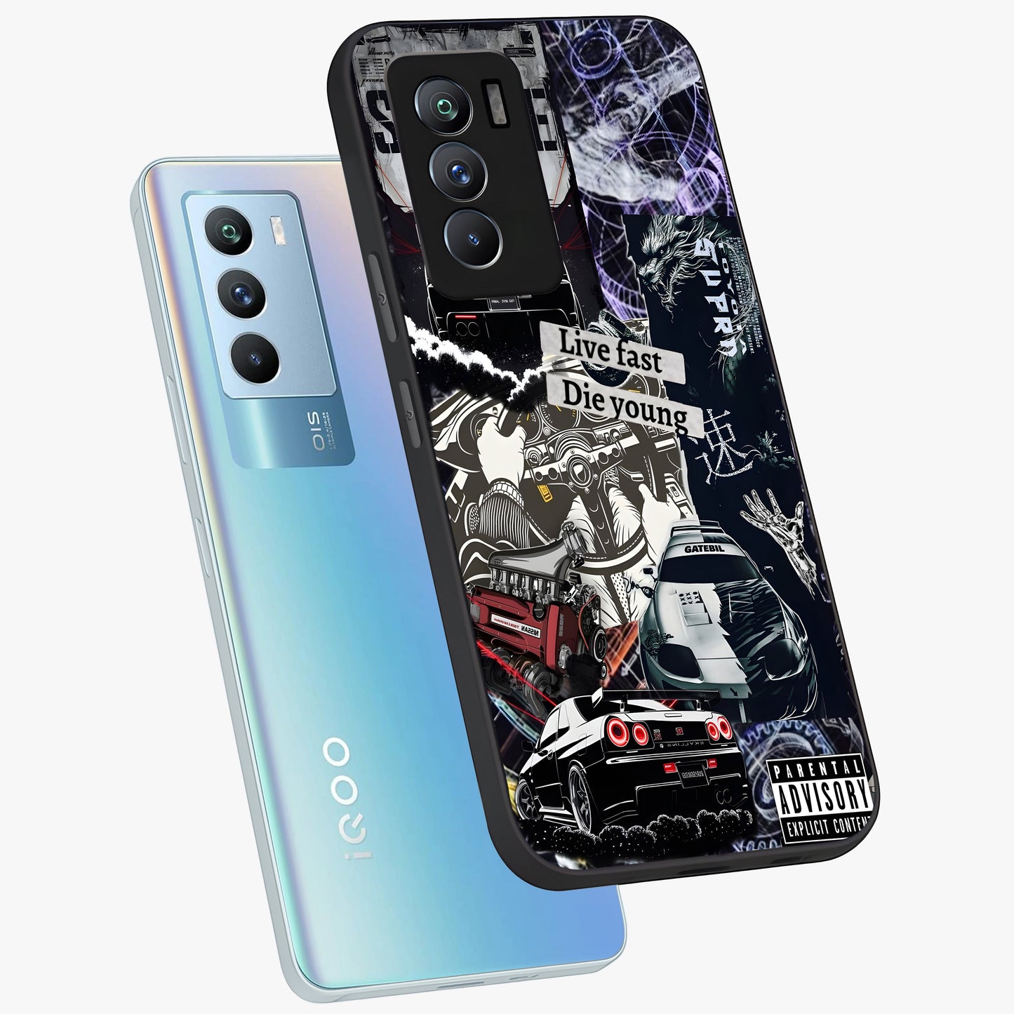 Die Young Glass Case displayed in angled mockup highlighting expressive graphic artwork with edgy aesthetic style.