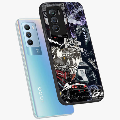 Die Young Glass Case displayed in angled mockup highlighting expressive graphic artwork with edgy aesthetic style.