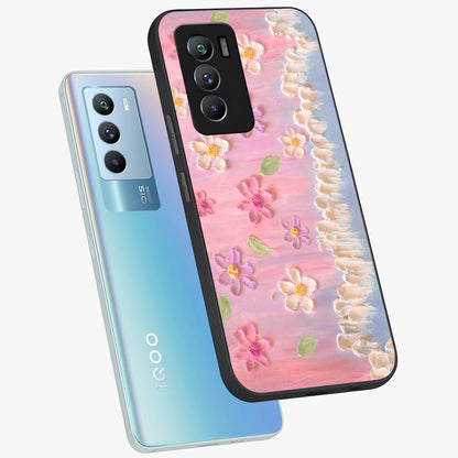 Dreamy Painted Garden Glass Case displayed in angled mockup highlighting colorful garden illustration with dreamy aesthetic style.