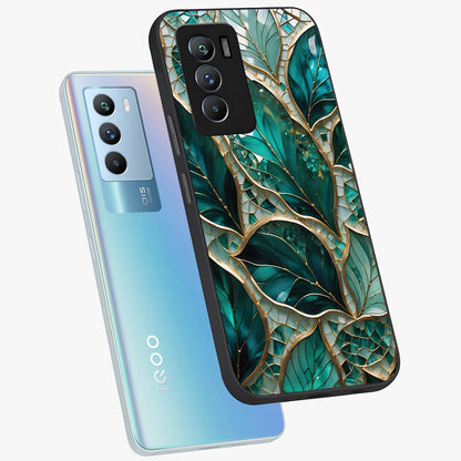 Emerald Leaf Glass Glass Case displayed in angled mockup highlighting botanical leaf illustration with elegant natural aesthetic.