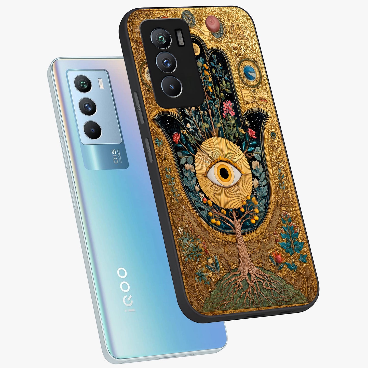 Ethereal Evil Eye Glass Case displayed in angled mockup highlighting protective evil eye symbol with spiritual aesthetic design.