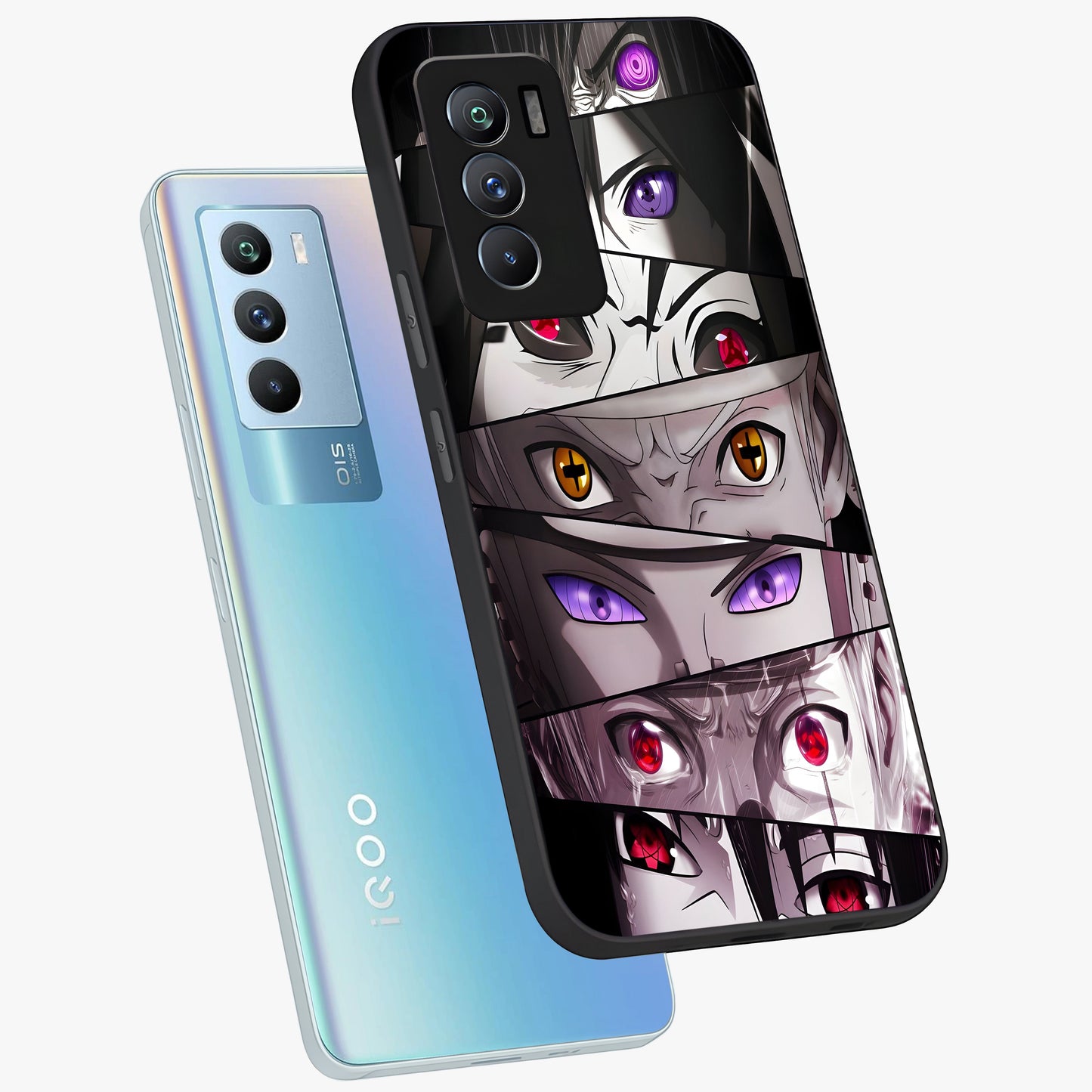 Eyes of Destiny Glass Case displayed in angled mockup highlighting bold eye illustration with mystical aesthetic style.