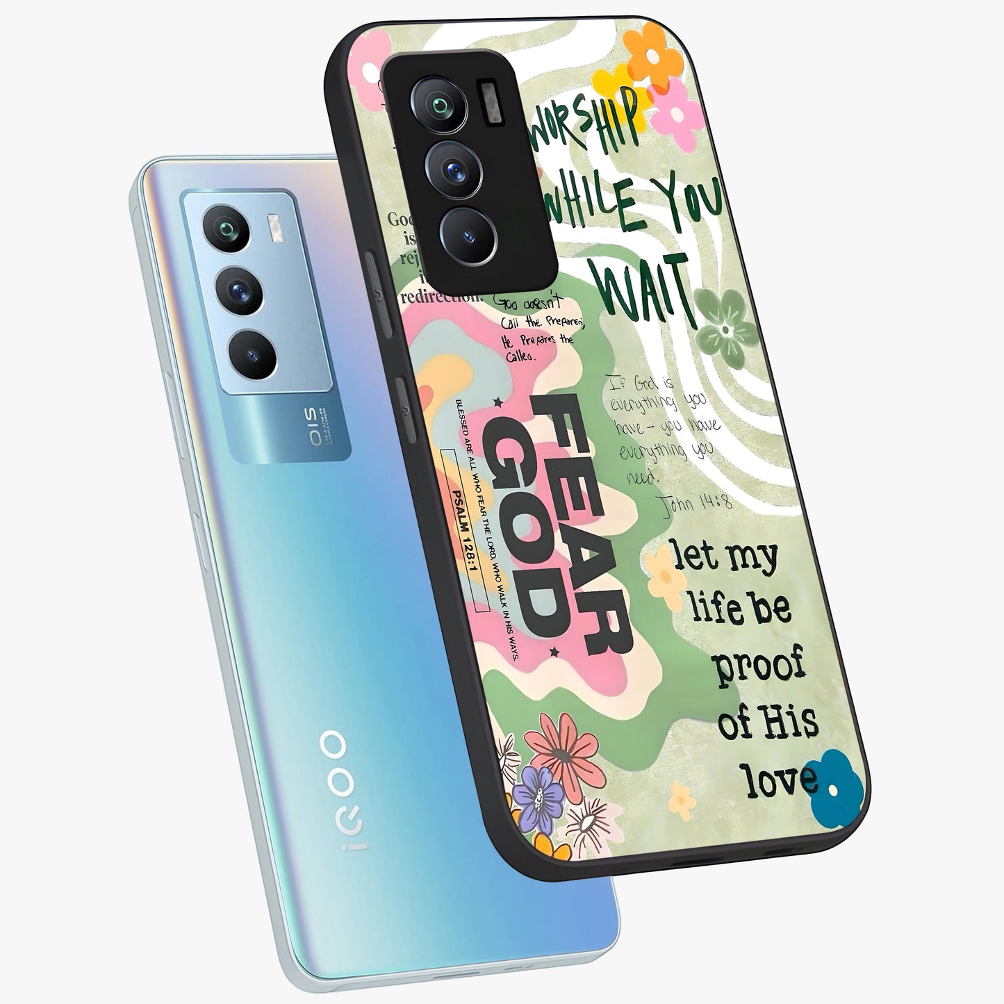 Faith Over Fear Glass Case displayed in angled mockup highlighting inspirational message design with modern aesthetic style.