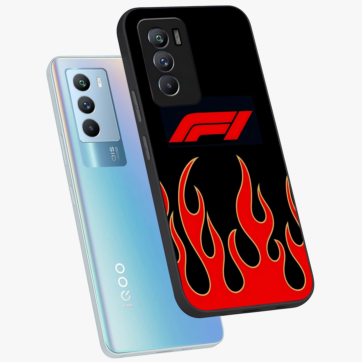 Fire F11 Glass Case displayed in angled mockup highlighting bold fire inspired graphic with energetic aesthetic style.