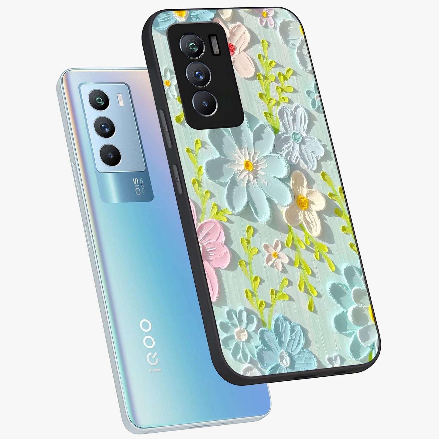 Frosted Petal Garden Glass Case displayed in angled mockup highlighting delicate flower petal design with calm garden aesthetic.