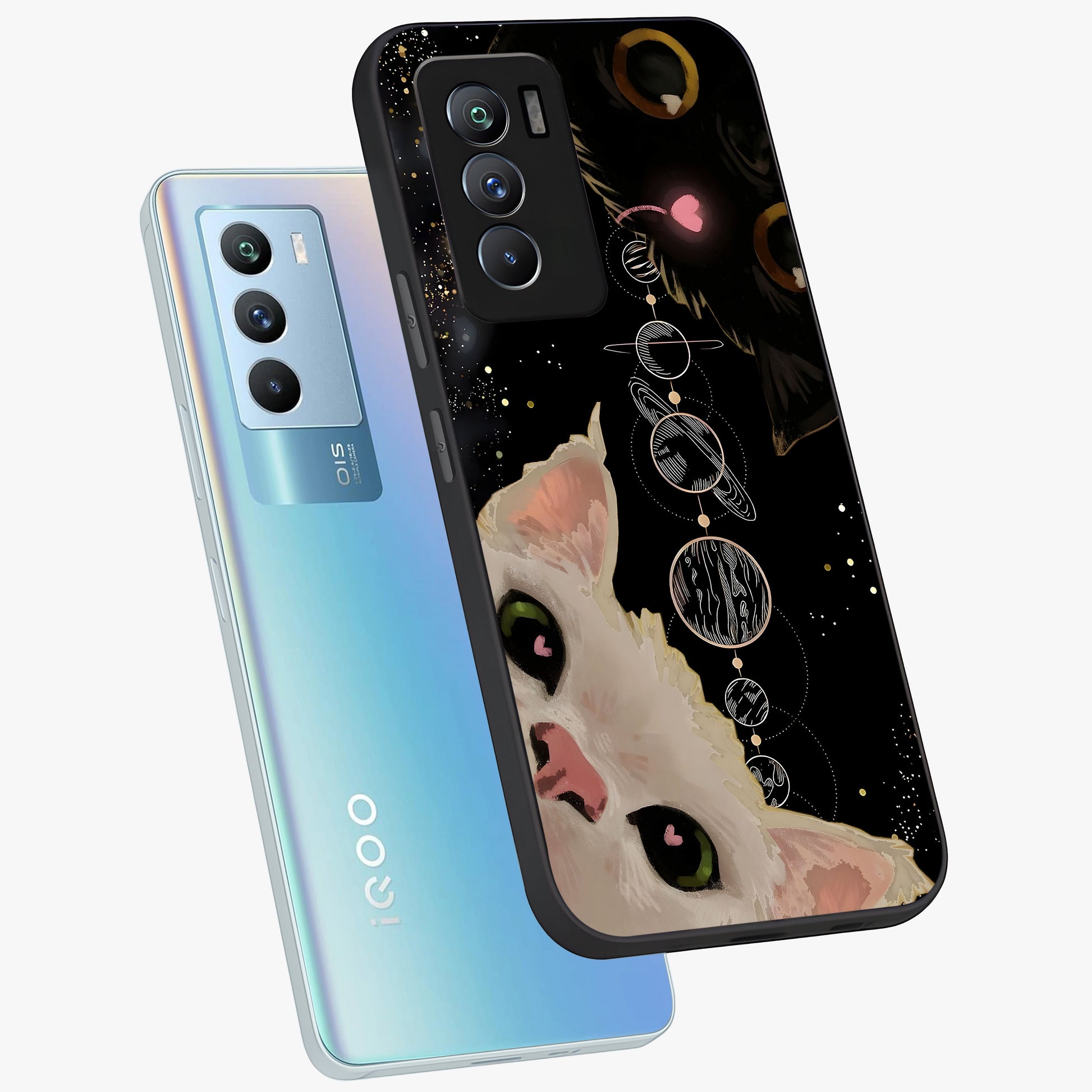 Galactic Cat Glass Case displayed in angled mockup highlighting celestial feline illustration with galaxy aesthetic style.